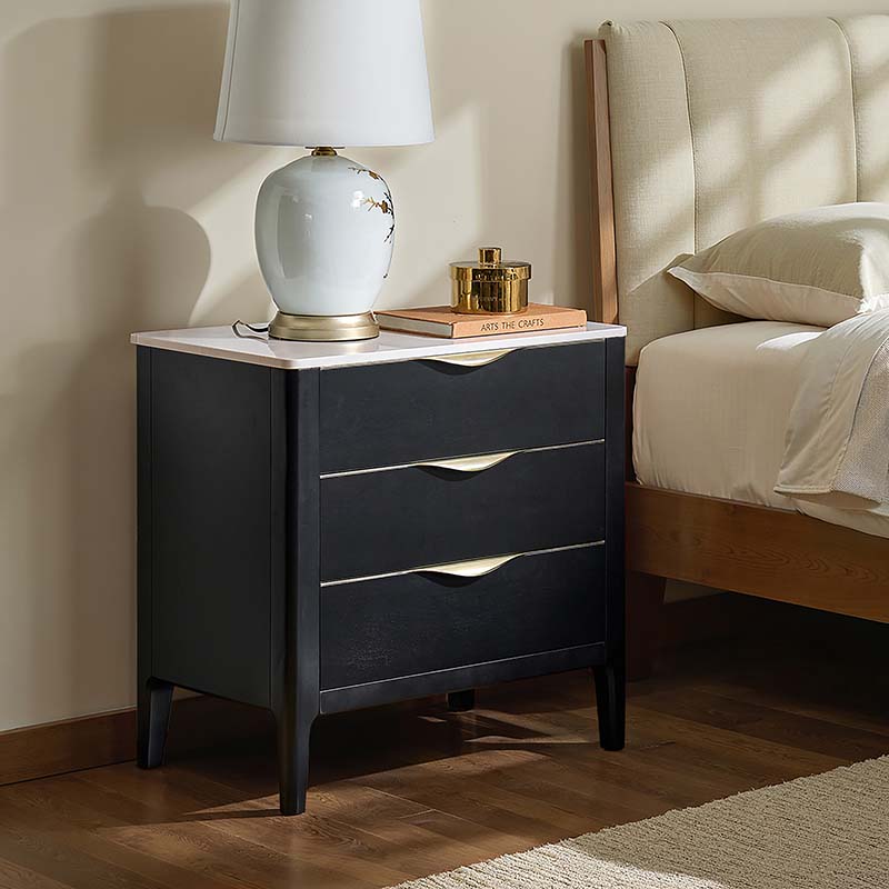 Table de chevet à 3 tiroirs avec plateau en marbre, prise de courant, ports USB et finition en placage de bois | Chêne / Noir | Simple
