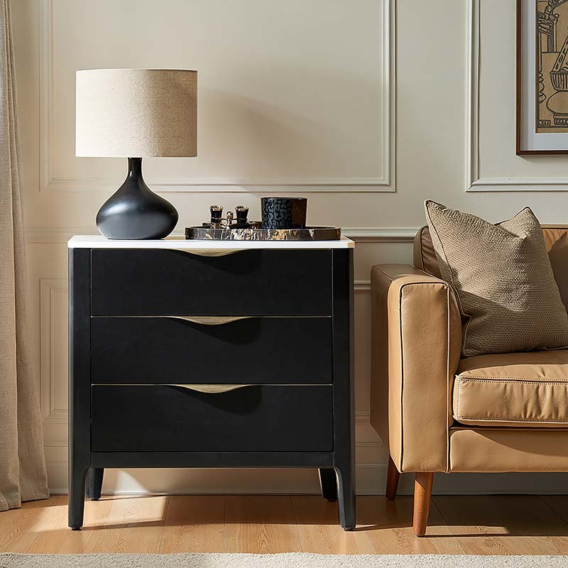 Table de chevet à 3 tiroirs avec plateau en marbre, prise de courant, ports USB et finition en placage de bois | Chêne / Noir | Simple