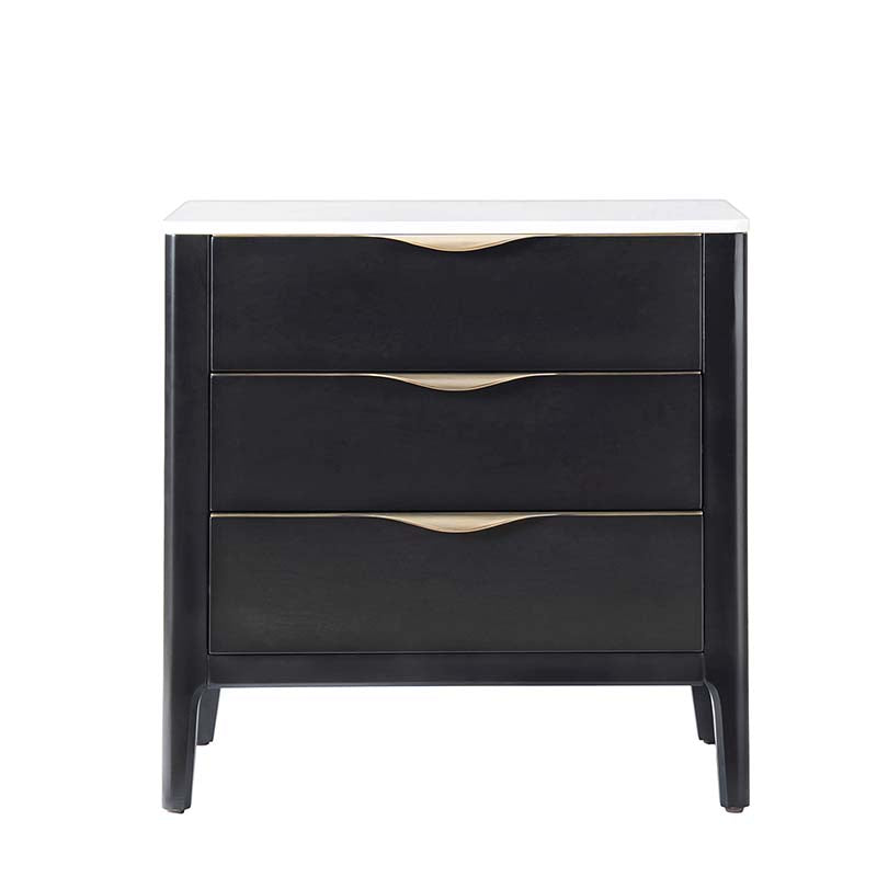 Table de chevet à 3 tiroirs avec plateau en marbre, prise de courant, ports USB et finition en placage de bois | Chêne / Noir | Simple