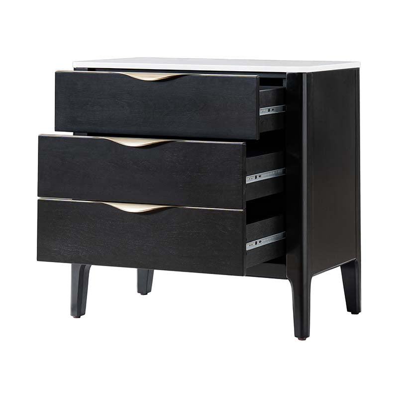 Table de chevet à 3 tiroirs avec plateau en marbre, prise de courant, ports USB et finition en placage de bois | Chêne / Noir | Simple