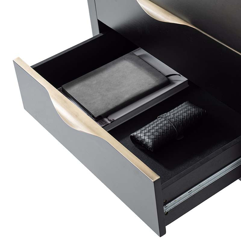 Table de chevet à 3 tiroirs avec plateau en marbre, prise de courant, ports USB et finition en placage de bois | Chêne / Noir | Simple