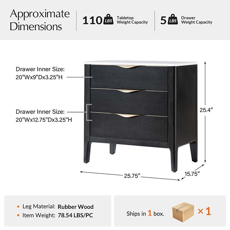 Table de chevet à 3 tiroirs avec plateau en marbre, prise de courant, ports USB et finition en placage de bois | Chêne / Noir | Simple