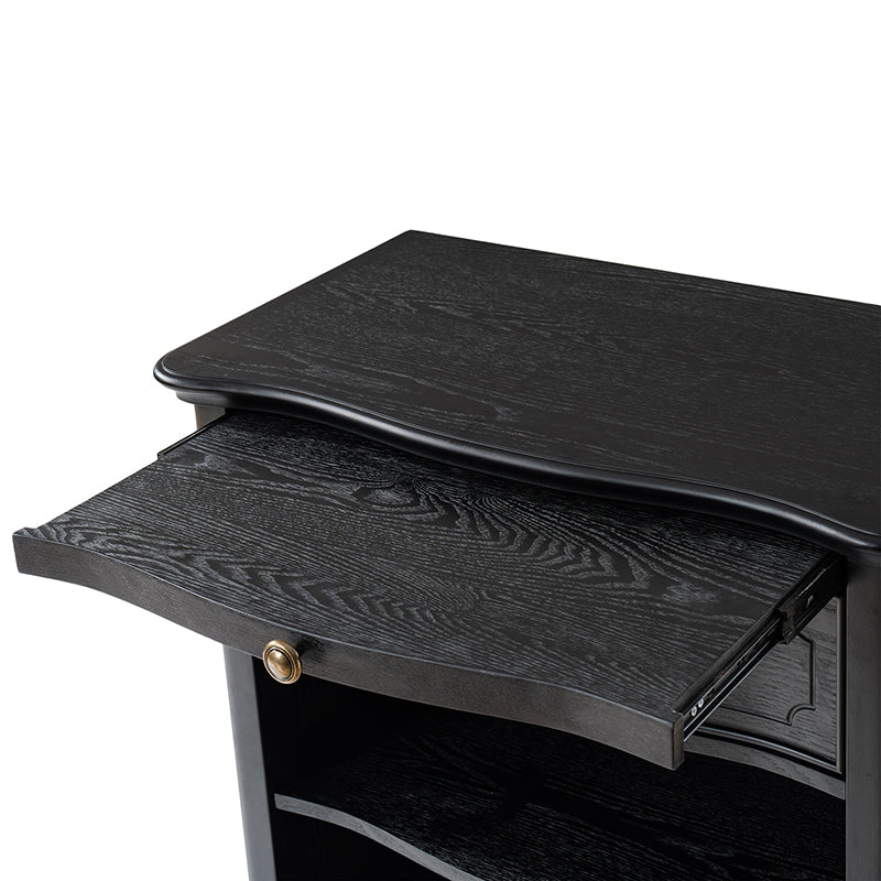 Table de chevet à 1 tiroir avec plateau coulissant, prise de courant intégrée et pieds fuseaux | Noyer / Marron / Noir | Simple