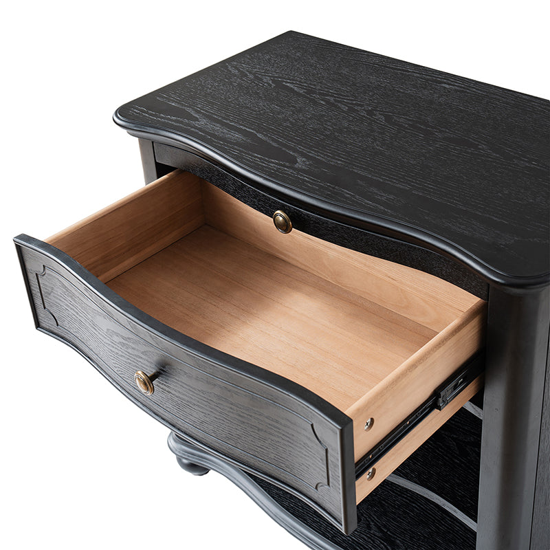 Table de chevet à 1 tiroir avec plateau coulissant, prise de courant intégrée et pieds fuseaux | Noyer / Marron / Noir | Simple