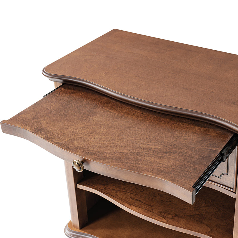 Table de chevet à 1 tiroir avec plateau coulissant, prise de courant intégrée et pieds fuseaux | Noyer / Marron / Noir | Simple
