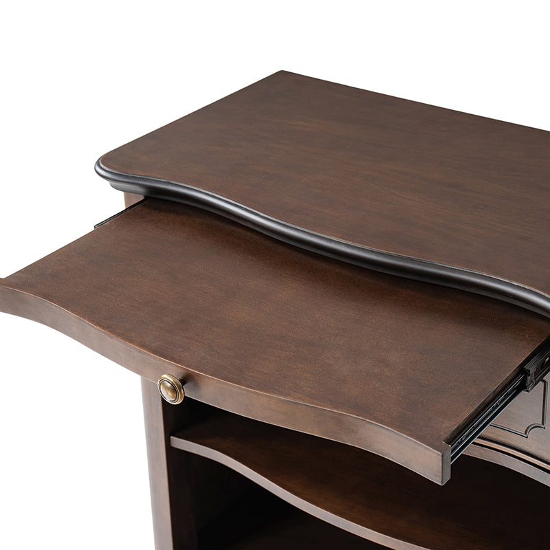 Table de chevet à 1 tiroir avec plateau coulissant, prise de courant intégrée et pieds fuseaux | Noyer / Marron / Noir | Simple