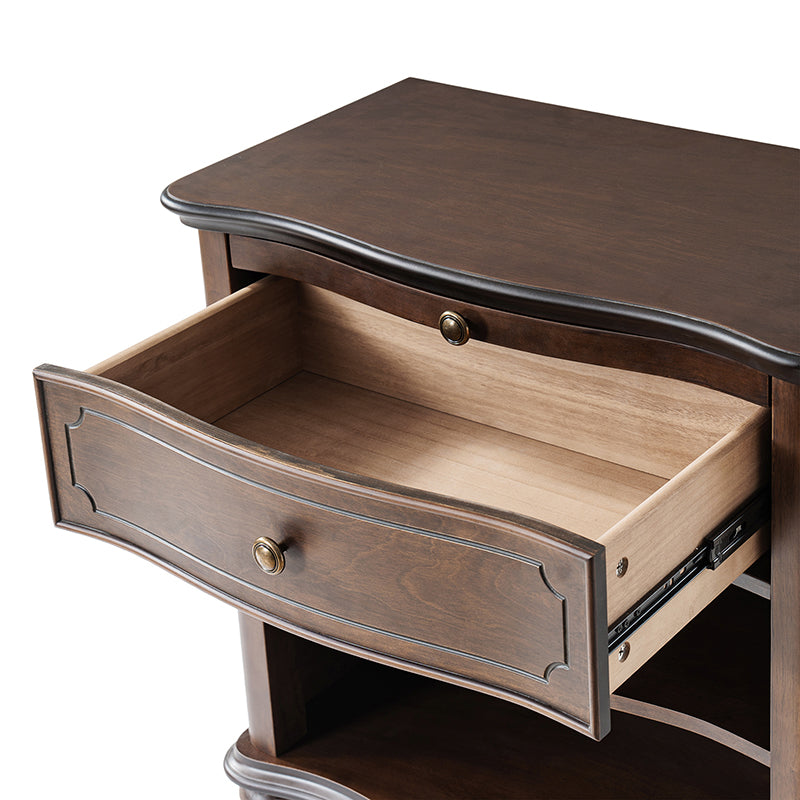 Table de chevet à 1 tiroir avec plateau coulissant, prise de courant intégrée et pieds fuseaux | Noyer / Marron / Noir | Simple