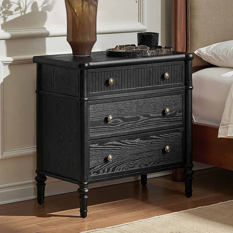 Table de chevet et d'appoint à tiroirs cannelés avec prises USB/Type-C intégrées et pieds en bois massif tournés | Noyer / Noir / Marron | 1 tiroir ou 3 tiroirs
