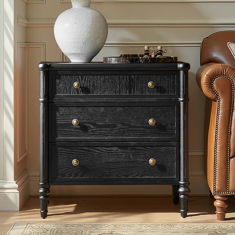 Table de chevet et d'appoint à tiroirs cannelés avec prises USB/Type-C intégrées et pieds en bois massif tournés | Noyer / Noir / Marron | 1 tiroir ou 3 tiroirs