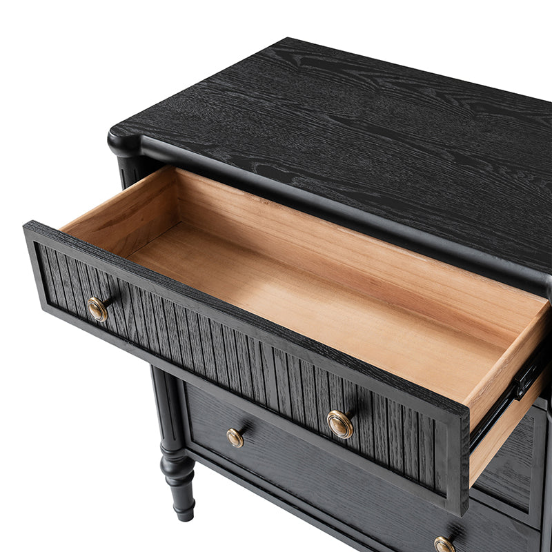 Table de chevet et d'appoint à tiroirs cannelés avec prises USB/Type-C intégrées et pieds en bois massif tournés | Noyer / Noir / Marron | 1 tiroir ou 3 tiroirs