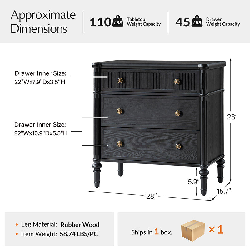 Table de chevet et d'appoint à tiroirs cannelés avec prises USB/Type-C intégrées et pieds en bois massif tournés | Noyer / Noir / Marron | 1 tiroir ou 3 tiroirs