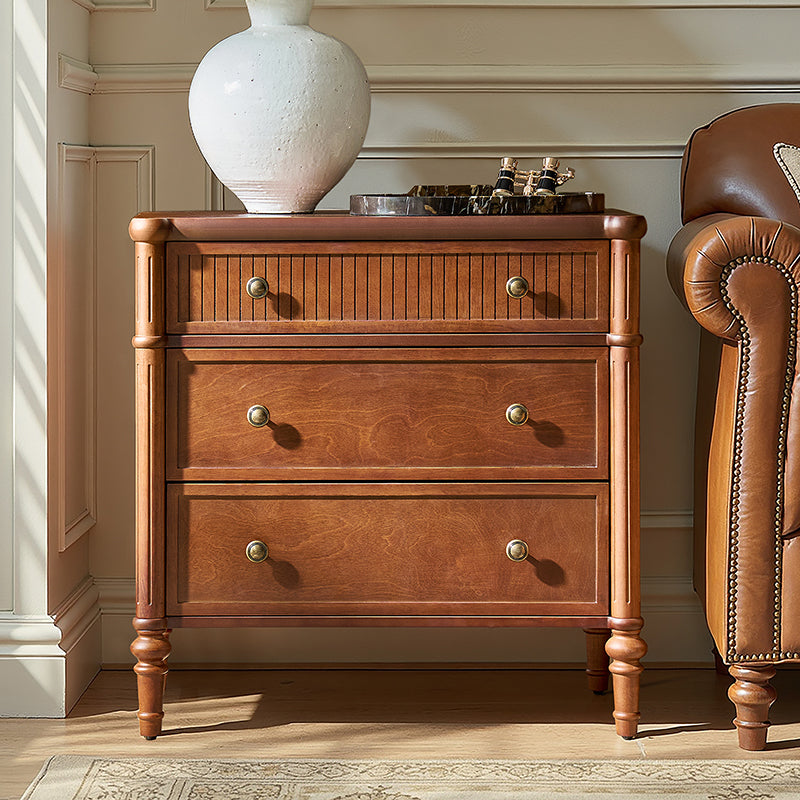 Table de chevet et d'appoint à tiroirs cannelés avec prises USB/Type-C intégrées et pieds en bois massif tournés | Noyer / Noir / Marron | 1 tiroir ou 3 tiroirs