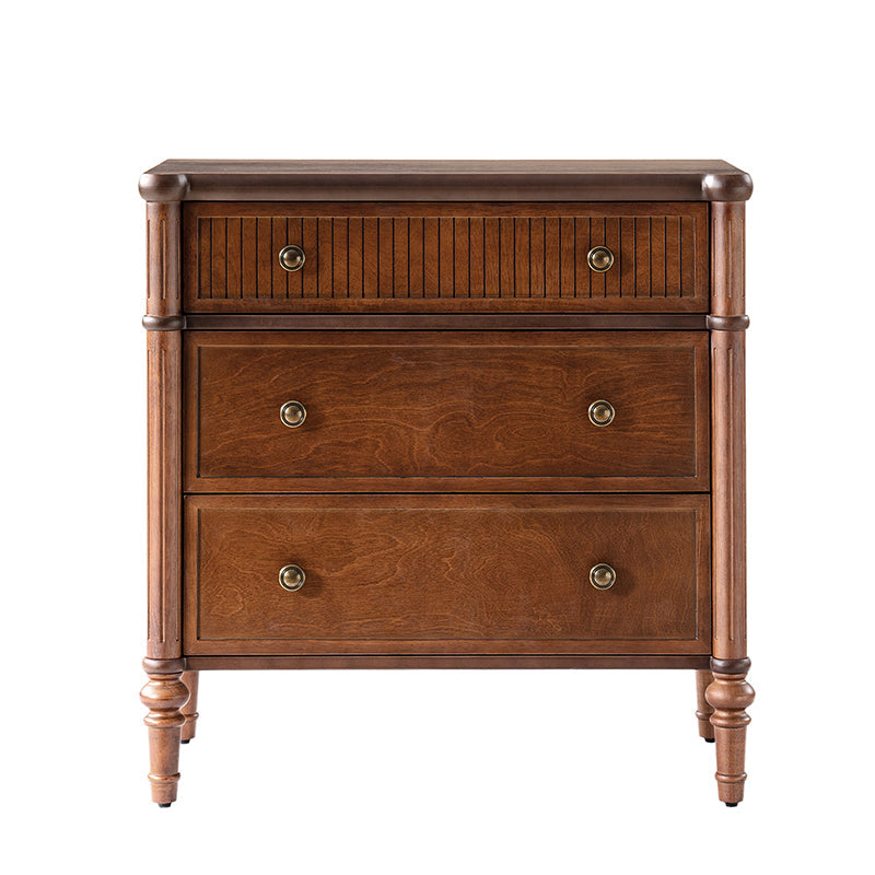 Table de chevet et d'appoint à tiroirs cannelés avec prises USB/Type-C intégrées et pieds en bois massif tournés | Noyer / Noir / Marron | 1 tiroir ou 3 tiroirs