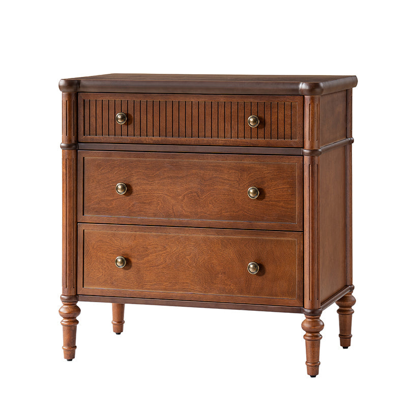 Table de chevet et d'appoint à tiroirs cannelés avec prises USB/Type-C intégrées et pieds en bois massif tournés | Noyer / Noir / Marron | 1 tiroir ou 3 tiroirs