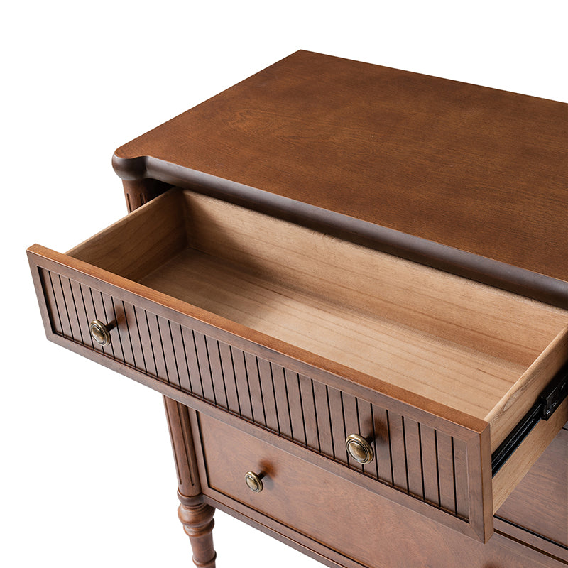 Table de chevet et d'appoint à tiroirs cannelés avec prises USB/Type-C intégrées et pieds en bois massif tournés | Noyer / Noir / Marron | 1 tiroir ou 3 tiroirs