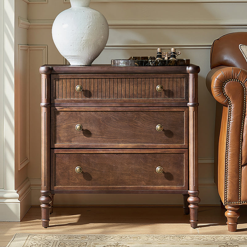 Table de chevet et d'appoint à tiroirs cannelés avec prises USB/Type-C intégrées et pieds en bois massif tournés | Noyer / Noir / Marron | 1 tiroir ou 3 tiroirs