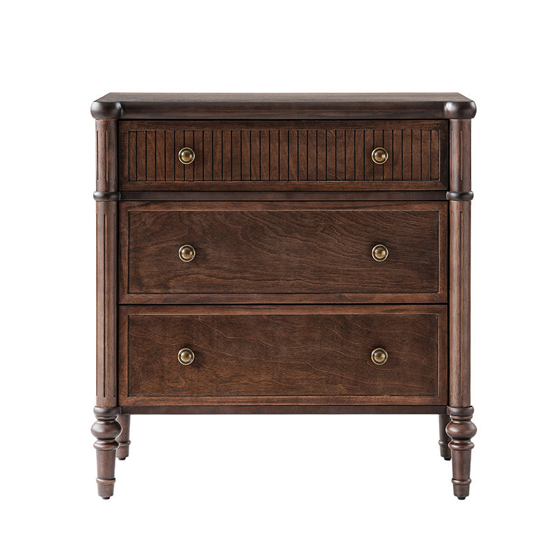 Table de chevet et d'appoint à tiroirs cannelés avec prises USB/Type-C intégrées et pieds en bois massif tournés | Noyer / Noir / Marron | 1 tiroir ou 3 tiroirs