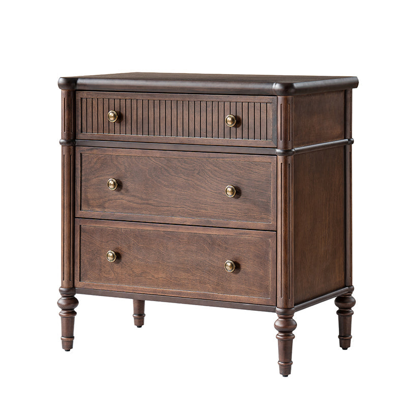 Table de chevet et d'appoint à tiroirs cannelés avec prises USB/Type-C intégrées et pieds en bois massif tournés | Noyer / Noir / Marron | 1 tiroir ou 3 tiroirs