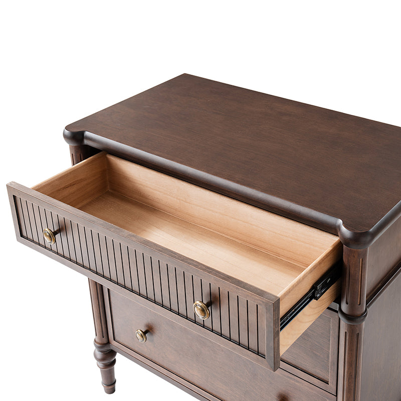 Table de chevet et d'appoint à tiroirs cannelés avec prises USB/Type-C intégrées et pieds en bois massif tournés | Noyer / Noir / Marron | 1 tiroir ou 3 tiroirs