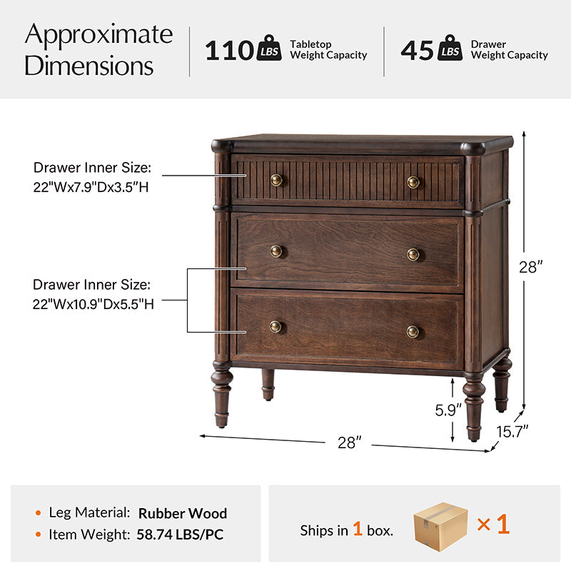 Table de chevet et d'appoint à tiroirs cannelés avec prises USB/Type-C intégrées et pieds en bois massif tournés | Noyer / Noir / Marron | 1 tiroir ou 3 tiroirs