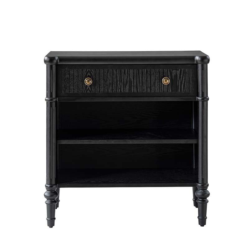 Table de chevet et d'appoint à tiroirs cannelés avec prises USB/Type-C intégrées et pieds en bois massif tournés | Noyer / Noir / Marron | 1 tiroir ou 3 tiroirs