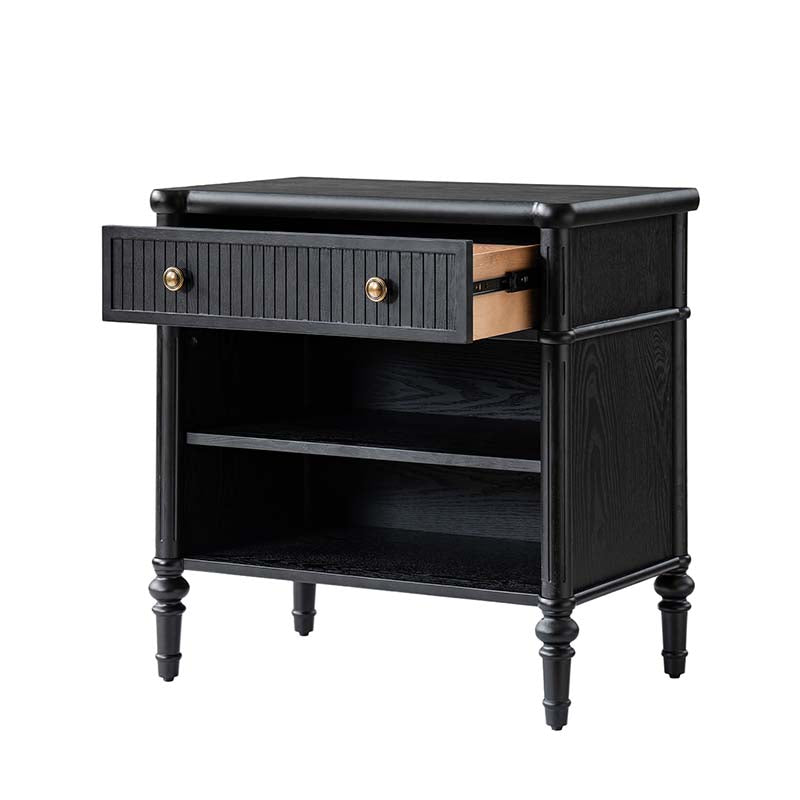 Table de chevet et d'appoint à tiroirs cannelés avec prises USB/Type-C intégrées et pieds en bois massif tournés | Noyer / Noir / Marron | 1 tiroir ou 3 tiroirs