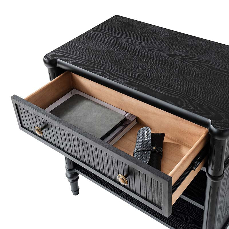 Table de chevet et d'appoint à tiroirs cannelés avec prises USB/Type-C intégrées et pieds en bois massif tournés | Noyer / Noir / Marron | 1 tiroir ou 3 tiroirs