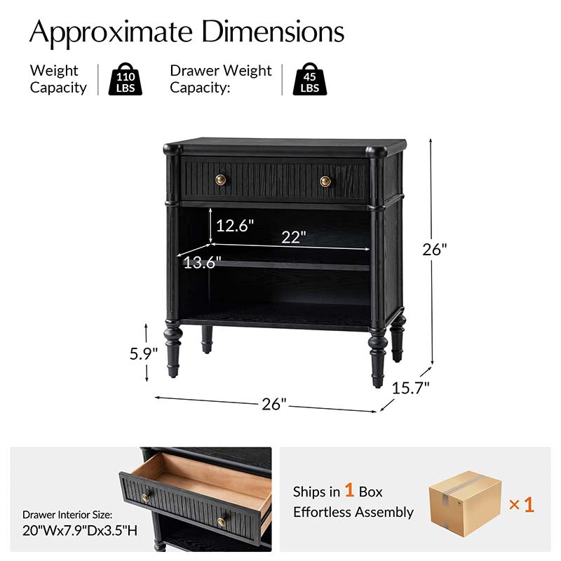Table de chevet et d'appoint à tiroirs cannelés avec prises USB/Type-C intégrées et pieds en bois massif tournés | Noyer / Noir / Marron | 1 tiroir ou 3 tiroirs