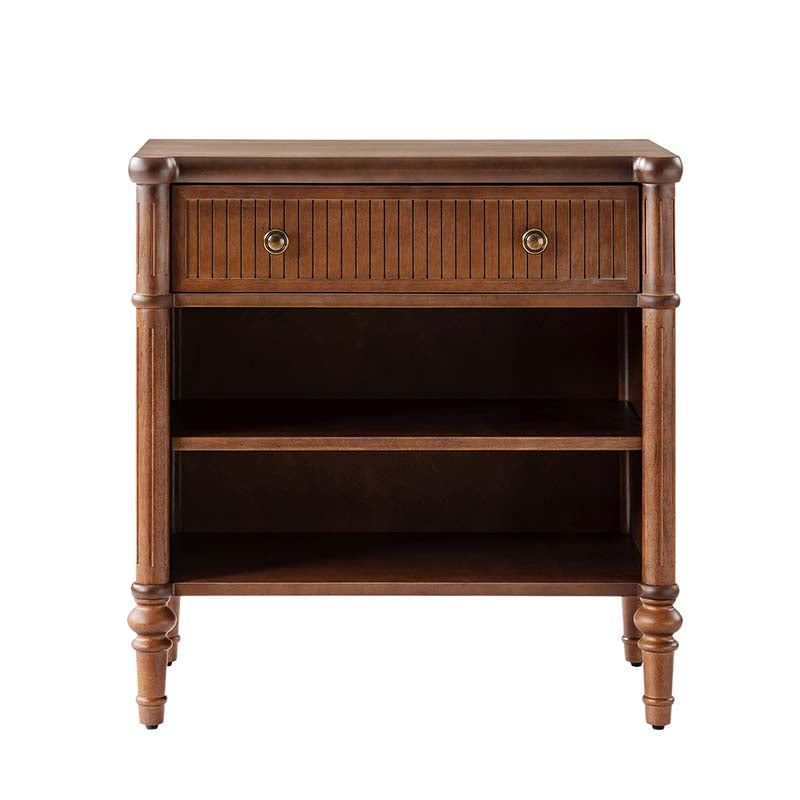 Table de chevet et d'appoint à tiroirs cannelés avec prises USB/Type-C intégrées et pieds en bois massif tournés | Noyer / Noir / Marron | 1 tiroir ou 3 tiroirs