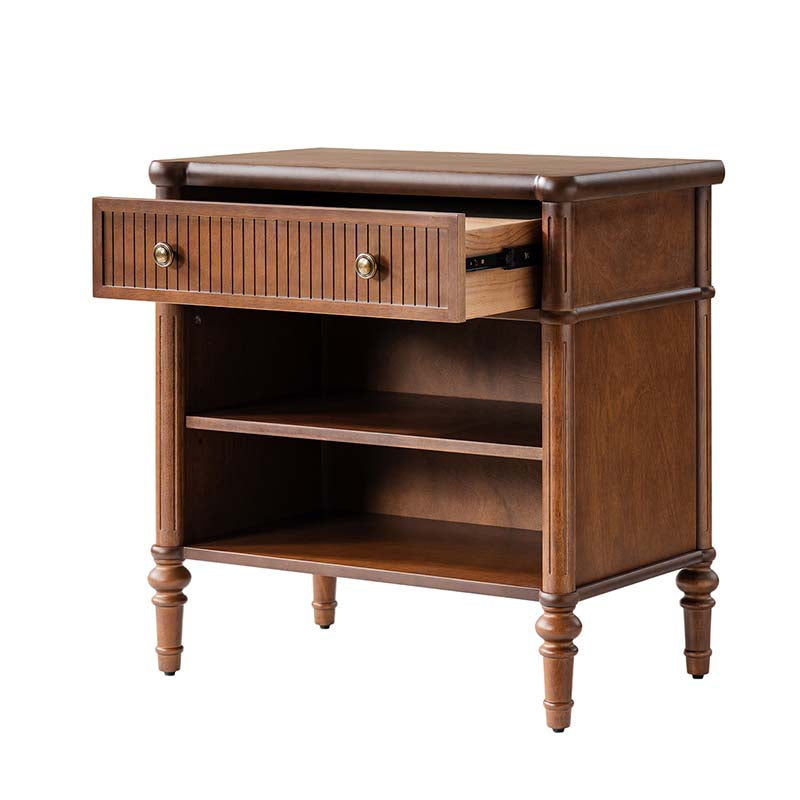 Table de chevet et d'appoint à tiroirs cannelés avec prises USB/Type-C intégrées et pieds en bois massif tournés | Noyer / Noir / Marron | 1 tiroir ou 3 tiroirs