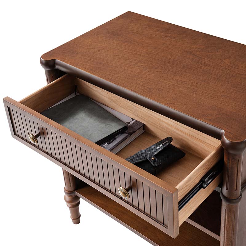 Table de chevet et d'appoint à tiroirs cannelés avec prises USB/Type-C intégrées et pieds en bois massif tournés | Noyer / Noir / Marron | 1 tiroir ou 3 tiroirs