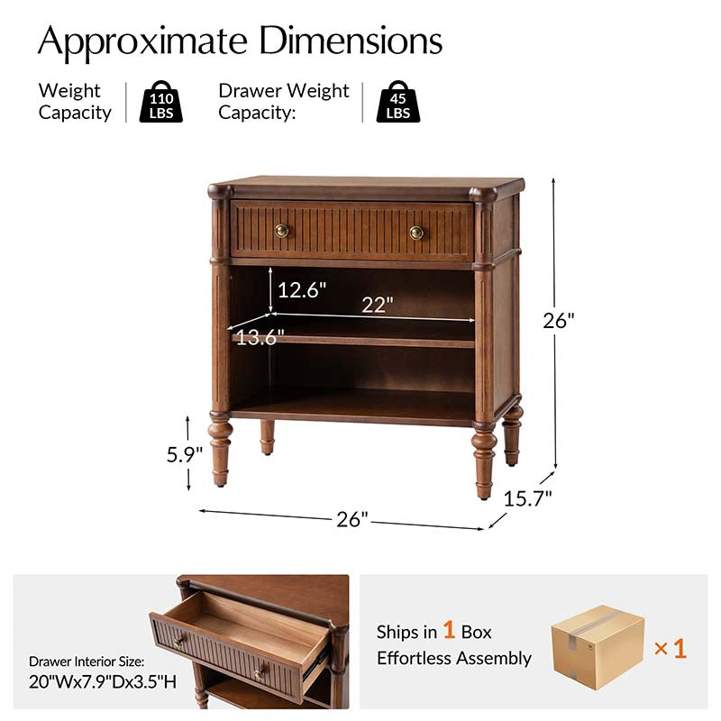 Table de chevet et d'appoint à tiroirs cannelés avec prises USB/Type-C intégrées et pieds en bois massif tournés | Noyer / Noir / Marron | 1 tiroir ou 3 tiroirs
