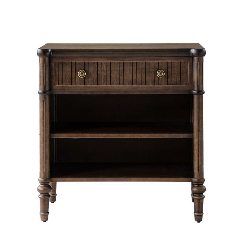 Table de chevet et d'appoint à tiroirs cannelés avec prises USB/Type-C intégrées et pieds en bois massif tournés | Noyer / Noir / Marron | 1 tiroir ou 3 tiroirs