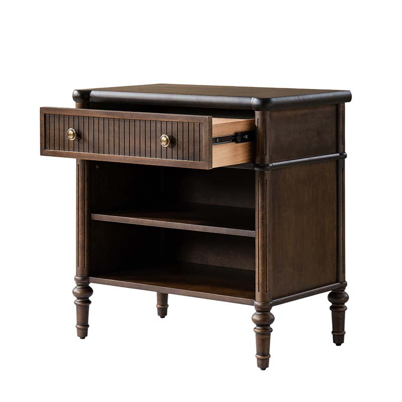 Table de chevet et d'appoint à tiroirs cannelés avec prises USB/Type-C intégrées et pieds en bois massif tournés | Noyer / Noir / Marron | 1 tiroir ou 3 tiroirs