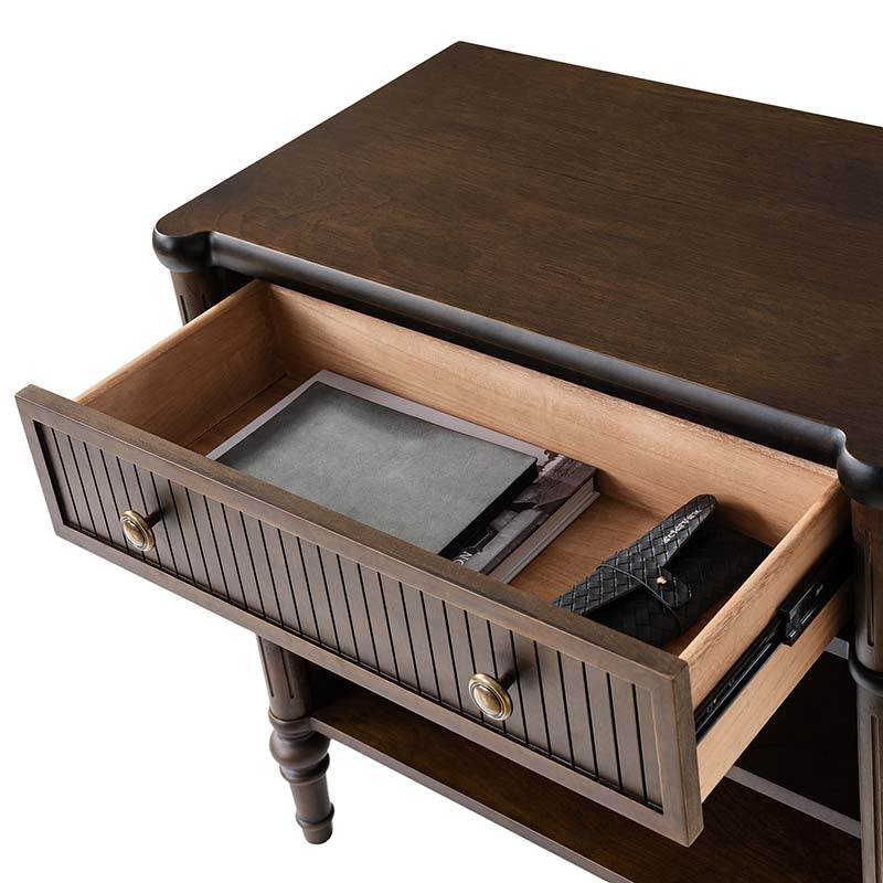 Table de chevet et d'appoint à tiroirs cannelés avec prises USB/Type-C intégrées et pieds en bois massif tournés | Noyer / Noir / Marron | 1 tiroir ou 3 tiroirs