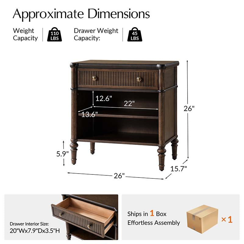 Table de chevet et d'appoint à tiroirs cannelés avec prises USB/Type-C intégrées et pieds en bois massif tournés | Noyer / Noir / Marron | 1 tiroir ou 3 tiroirs