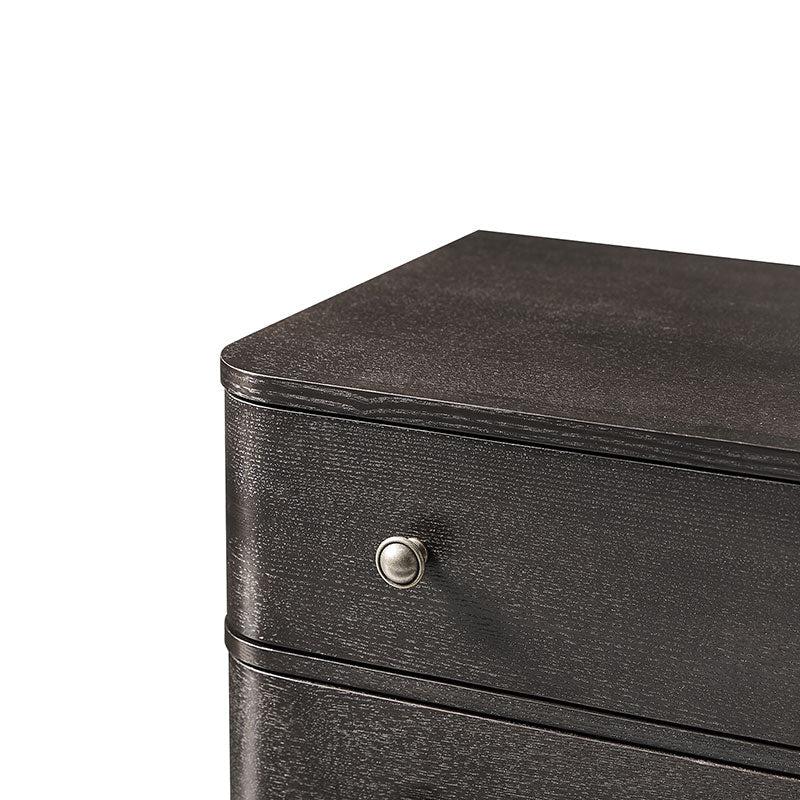 Table de chevet incurvée à 3 tiroirs avec prise de courant intégrée, poignées rondes et pieds réglables | Chêne / Noyer / Anthracite | Unité simple