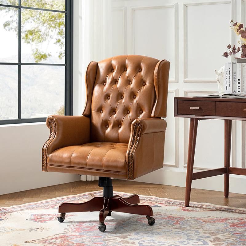 Fauteuil de bureau de direction à oreilles en similicuir avec capitonnage, garniture cloutée, assise à ressorts ensachés et hauteur réglable | Camel / Marron / Turquoise / Bleu marine | Siège unique