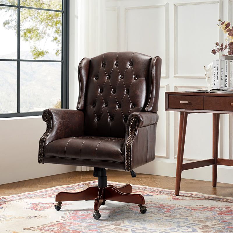 Fauteuil de bureau de direction à oreilles en similicuir avec capitonnage, garniture cloutée, assise à ressorts ensachés et hauteur réglable | Camel / Marron / Turquoise / Bleu marine | Siège unique