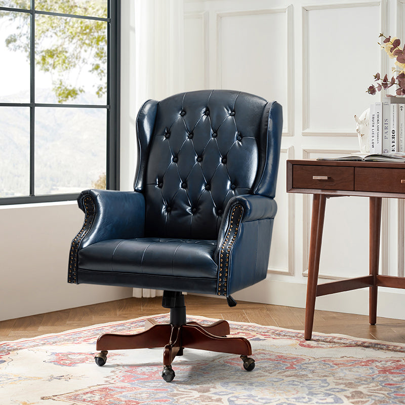 Fauteuil de bureau de direction à oreilles en similicuir avec capitonnage, garniture cloutée, assise à ressorts ensachés et hauteur réglable | Camel / Marron / Turquoise / Bleu marine | Siège unique