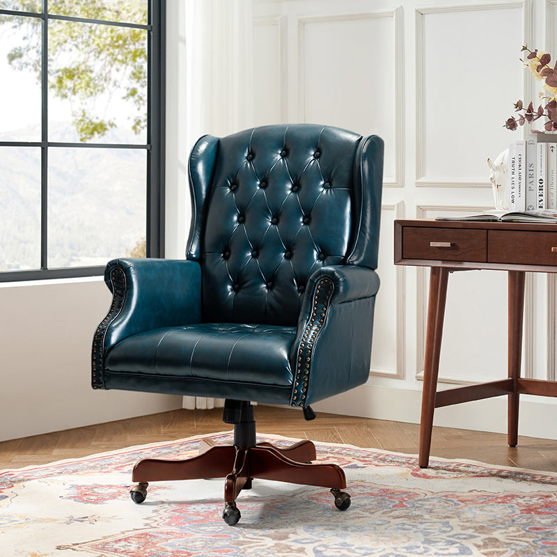Fauteuil de bureau de direction à oreilles en similicuir avec capitonnage, garniture cloutée, assise à ressorts ensachés et hauteur réglable | Camel / Marron / Turquoise / Bleu marine | Siège unique