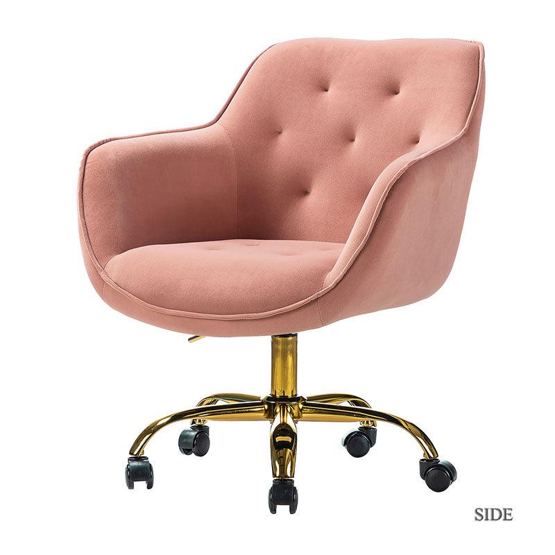 Chaise de bureau pivotante capitonnée en velours avec rembourrage en mousse, accoudoirs et piètement en métal doré | Rose | Une place