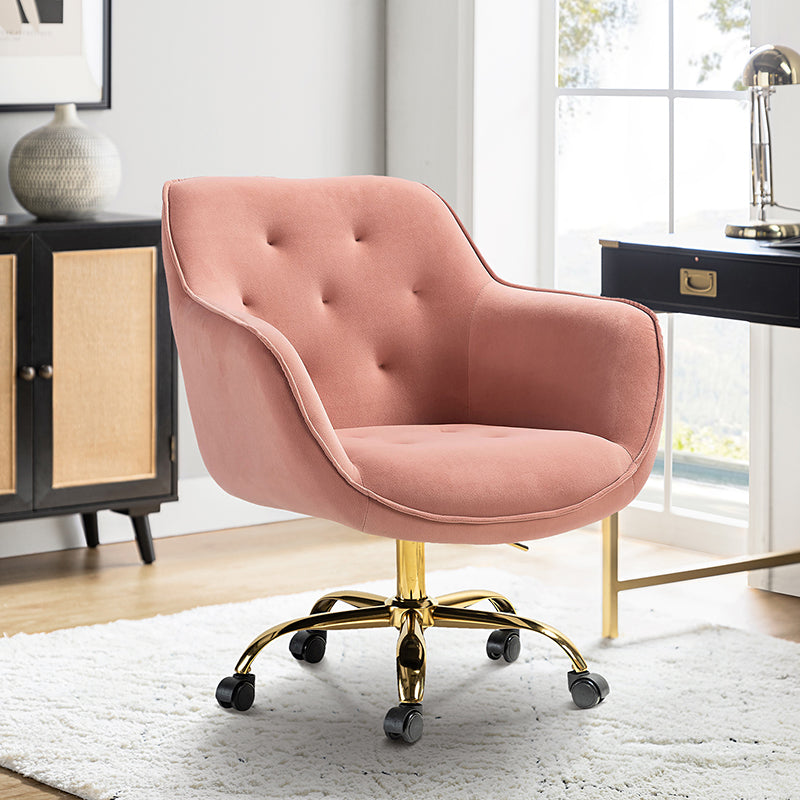 Chaise de bureau pivotante capitonnée en velours avec rembourrage en mousse, accoudoirs et piètement en métal doré | Rose | Une place