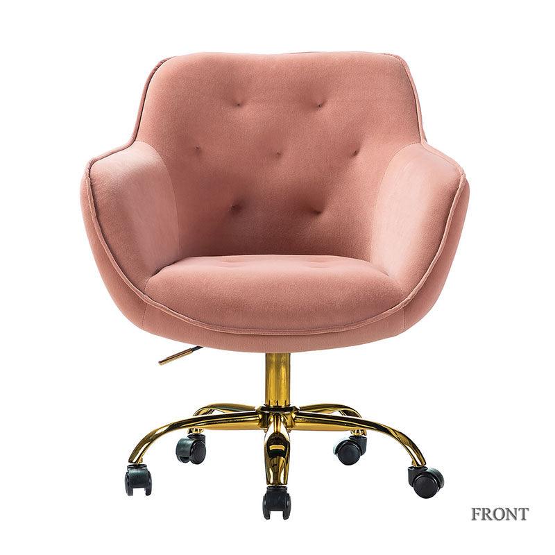 Chaise de bureau pivotante capitonnée en velours avec rembourrage en mousse, accoudoirs et piètement en métal doré | Rose | Une place