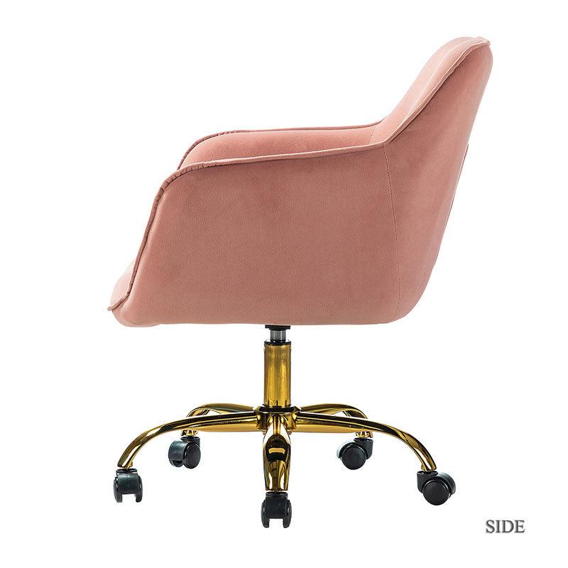 Chaise de bureau pivotante capitonnée en velours avec rembourrage en mousse, accoudoirs et piètement en métal doré | Rose | Une place