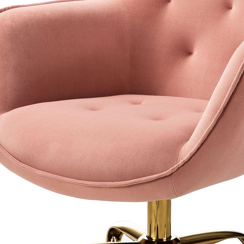 Chaise de bureau pivotante capitonnée en velours avec rembourrage en mousse, accoudoirs et piètement en métal doré | Rose | Une place