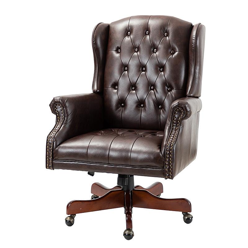 Fauteuil de bureau de direction à oreilles en similicuir avec capitonnage, garniture cloutée, assise à ressorts ensachés et hauteur réglable | Camel / Marron / Turquoise / Bleu marine | Siège unique