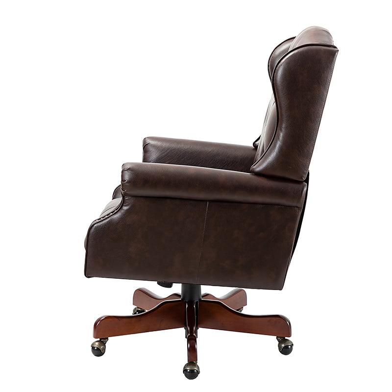 Fauteuil de bureau de direction à oreilles en similicuir avec capitonnage, garniture cloutée, assise à ressorts ensachés et hauteur réglable | Camel / Marron / Turquoise / Bleu marine | Siège unique