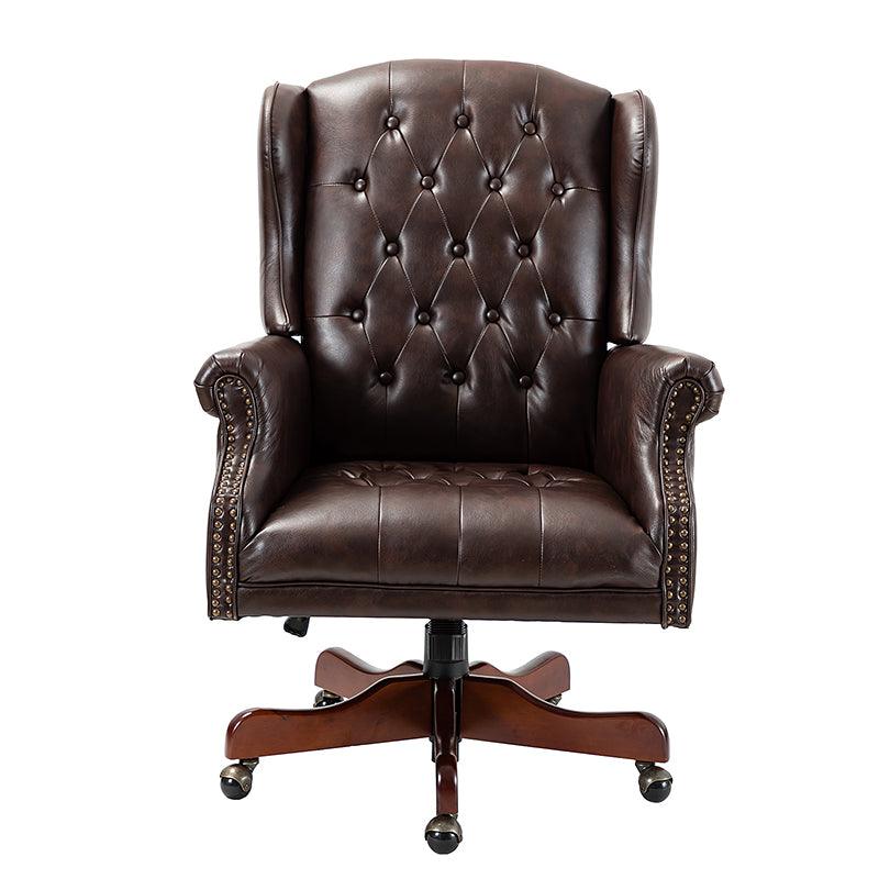 Fauteuil de bureau de direction à oreilles en similicuir avec capitonnage, garniture cloutée, assise à ressorts ensachés et hauteur réglable | Camel / Marron / Turquoise / Bleu marine | Siège unique