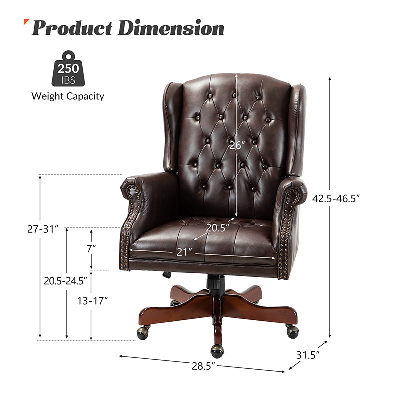 Fauteuil de bureau de direction à oreilles en similicuir avec capitonnage, garniture cloutée, assise à ressorts ensachés et hauteur réglable | Camel / Marron / Turquoise / Bleu marine | Siège unique
